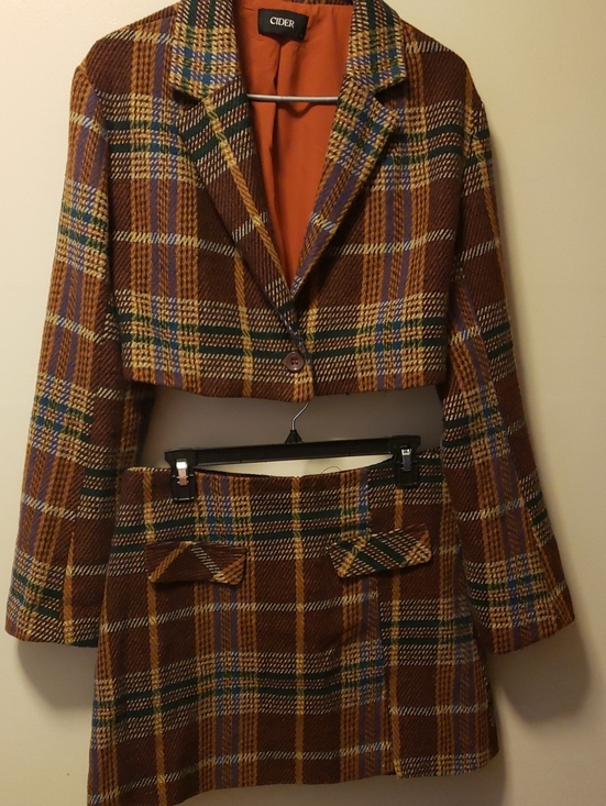 Cider Jackets & Blazers - Cider Brown Multicolor Plaid Cropped Blazer And Mini Skirt